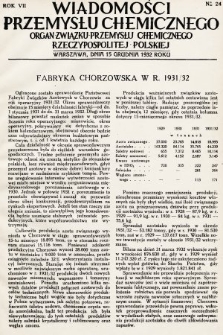 Wiadomości Przemysłu Chemicznego : organ Związku Przemysłu Chemicznego Rzeczypospolitej Polskiej. R. 7, 1932, nr 24