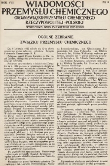 Wiadomości Przemysłu Chemicznego : organ Związku Przemysłu Chemicznego Rzeczypospolitej Polskiej. R. 8, 1933, nr 8