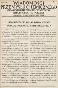 Wiadomości Przemysłu Chemicznego : organ Związku Przemysłu Chemicznego Rzeczypospolitej Polskiej. R. 8, 1933, nr 19