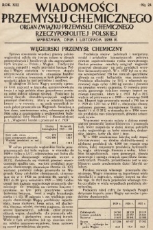 Wiadomości Przemysłu Chemicznego : organ Związku Przemysłu Chemicznego Rzeczypospolitej Polskiej. R. 13, 1938, nr 21