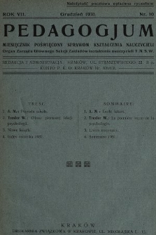 Pedagogjum : miesięcznik poświęcony sprawom kształcenia nauczycieli : organ Zarządu Głównego Sekcji Zakładów Kształcenia Nauczycieli T. N. S. W. 1931, nr 10