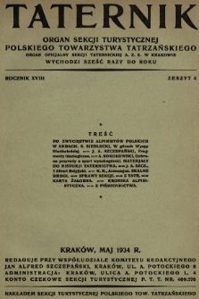 Taternik : organ Sekcji Turystycznej Polskiego Towarzystwa Tatrzańskiego : organ oficjalny Sekcji Taternickiej A. Z. S. w Krakowie. R. 18, 1934, nr 4