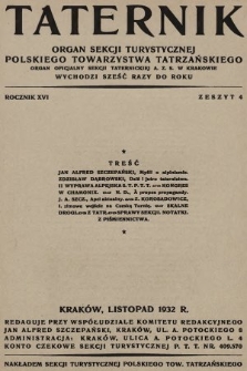 Taternik : organ Sekcji Turystycznej Polskiego Towarzystwa Tatrzańskiego : organ oficjalny Sekcji Taternickiej A. Z. S. w Krakowie. R. 16, 1932, nr 4