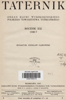 Taternik : organ Klubu Wysokogórskiego Polskiego Towarzystwa Tatrzańskiego. R. 21, 1936, Spis rzeczy
