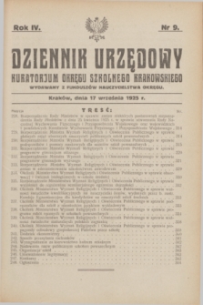 Dziennik Urzędowy Kuratorjum Okręgu Szkolnego Krakowskiego Wydawany z Funduszów Nauczycielstwa Okręgu. R.4, nr 9 (17 września 1925)