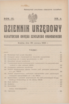 Dziennik Urzędowy Kuratorjum Okręgu Szkolnego Krakowskiego. R.9, nr 6 (28 czerwca 1930)