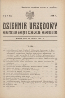 Dziennik Urzędowy Kuratorjum Okręgu Szkolnego Krakowskiego. R.9, nr 7 (28 sierpnia 1930)