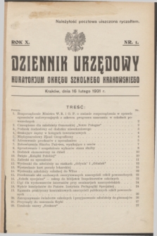 Dziennik Urzędowy Kuratorjum Okręgu Szkolnego Krakowskiego. R.10, nr 1 (16 lutego 1931)