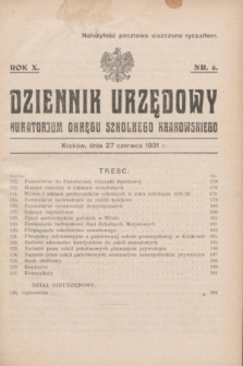 Dziennik Urzędowy Kuratorjum Okręgu Szkolnego Krakowskiego. R.10, nr 6 (27 czerwca 1931)