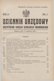 Dziennik Urzędowy Kuratorjum Okręgu Szkolnego Krakowskiego. R.10, nr 7 (17 września 1931)