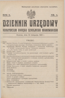 Dziennik Urzędowy Kuratorjum Okręgu Szkolnego Krakowskiego. R.10, nr 9 (14 listopada 1931)