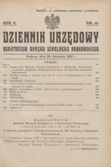 Dziennik Urzędowy Kuratorjum Okręgu Szkolnego Krakowskiego. R.10, nr 10 (26 listopada 1931)