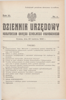 Dziennik Urzędowy Kuratorjum Okręgu Szkolnego Krakowskiego. R.11, nr 4 (23 kwietnia 1932)