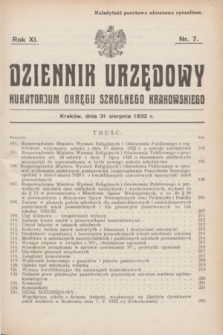 Dziennik Urzędowy Kuratorjum Okręgu Szkolnego Krakowskiego. R.11, nr 7 (31 sierpnia 1932)