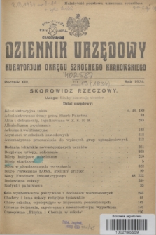 Dziennik Urzędowy Kuratorjum Okręgu Szkolnego Krakowskiego. R.13, Skorowidz rzeczowy (1934)