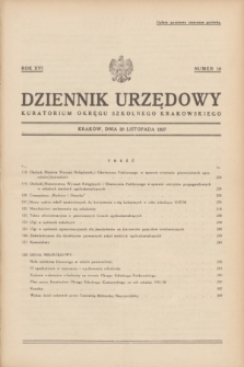Dziennik Urzędowy Kuratorjum Okręgu Szkolnego Krakowskiego. R.16, nr 10 (20 listopada 1937)