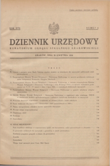 Dziennik Urzędowy Kuratorjum Okręgu Szkolnego Krakowskiego. R.17, nr 4 (30 kwietnia 1938)