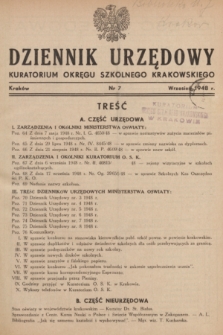Dziennik Urzędowy Kuratorjum Okręgu Szkolnego Krakowskiego. 1948, nr 7 (wrzesień)