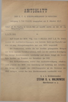 Amtsblatt des K. u. K. Kreiskommandos in Opoczno. Jg.3, Teil 33 (9 Oktober 1917)