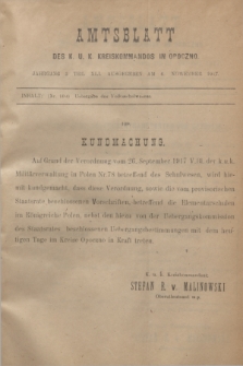 Amtsblatt des K. u. K. Kreiskommandos in Opoczno. Jg.3, Teil 41 (6 Nowember 1917)