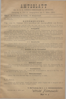 Amtsblatt des k. u. k. Kreiskommandos in Opoczno. Jg.4, Teil 10 (6 März 1918)