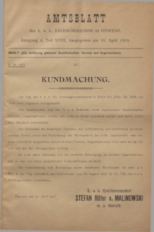 Amtsblatt des k. u. k. Kreiskommandos in Opoczno. Jg.4, Teil 18 (16 April 1918)
