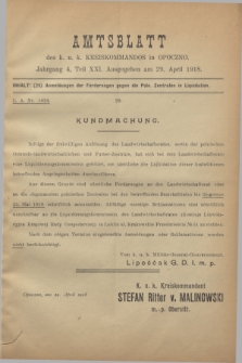 Amtsblatt des k. u. k. Kreiskommandos in Opoczno. Jg.4, Teil 21 (29 April 1918)