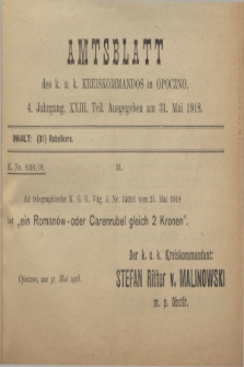 Amtsblatt des k. u. k. Kreiskommandos in Opoczno. Jg.4, Teil 23 (31 Mai 1918)