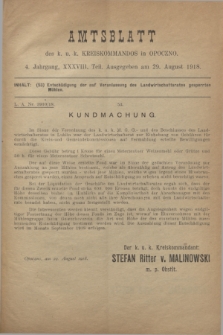 Amtsblatt des k. u. k. Kreiskommandos in Opoczno. Jg.4, Teil 38 (29 August 1918)