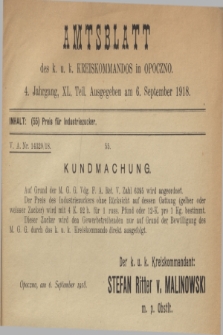 Amtsblatt des k. u. k. Kreiskommandos in Opoczno. Jg.4, Teil 40 (6 September 1918)