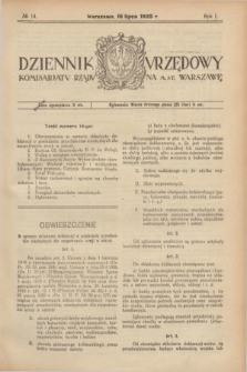 Dziennik Urzędowy Komisarjatu Rządu na M. St. Warszawę. R.1, № 14 (16 lipca 1920)