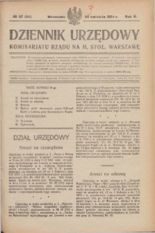 Dziennik Urzędowy Komisarjatu Rządu na M. Stoł. Warszawę. R.5, № 37 (23 kwietnia 1924) = № 954