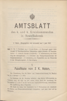 Amtsblatt des k. und k. Kreiskommandos in Nowo-Radomsk. 1915, Stück 5 (5 Juni)