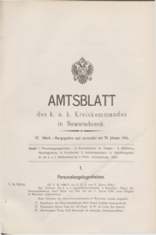 Amtsblatt des k. u. k. Kreiskommandos in Noworadomsk. 1916, Stück 4 (30 Jänner) + dod.