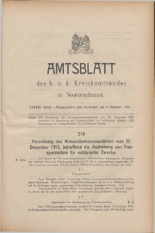 Amtsblatt des k. u. k. Kreiskommandos in Noworadomsk. 1916, Stück 38 (3 Oktober)