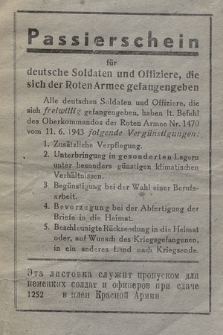 Passierschein für deutsche Soldaten und Offiziere, die sich der Roten Armee gefangengeben : Freude am friedlichen Schaffen!