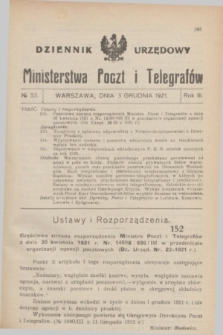 Dziennik Urzędowy Ministerstwa Poczt i Telegrafów. R.3, № 53 (3 grudnia 1921)