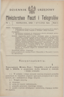 Dziennik Urzędowy Ministerstwa Poczt i Telegrafów. R.4, № 1 (7 stycznia 1922)
