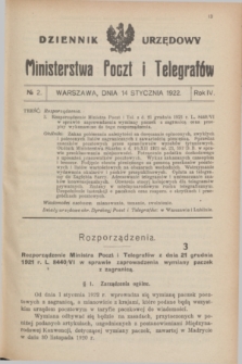 Dziennik Urzędowy Ministerstwa Poczt i Telegrafów. R.4, № 2 (14 stycznia 1922)