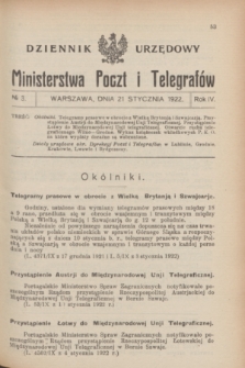 Dziennik Urzędowy Ministerstwa Poczt i Telegrafów. R.4, № 3 (21 stycznia 1922)