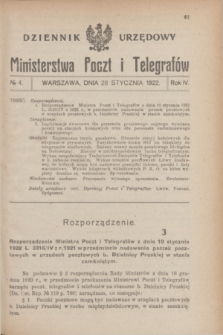 Dziennik Urzędowy Ministerstwa Poczt i Telegrafów. R.4, № 4 (28 stycznia 1922)