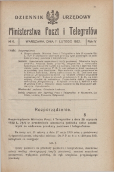 Dziennik Urzędowy Ministerstwa Poczt i Telegrafów. R.4, № 6 (11 lutego 1922)