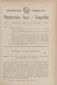 Dziennik Urzędowy Ministerstwa Poczt i Telegrafów. R.4, № 7 (18 lutego 1922)