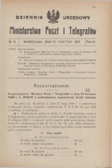 Dziennik Urzędowy Ministerstwa Poczt i Telegrafów. R.4, № 16 (22 kwietnia 1922)