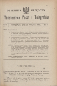 Dziennik Urzędowy Ministerstwa Poczt i Telegrafów. R.4, № 17 (29 kwietnia 1922)