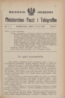 Dziennik Urzędowy Ministerstwa Poczt i Telegrafów. R.4, № 18 (6 maja 1922)