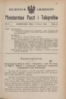 Dziennik Urzędowy Ministerstwa Poczt i Telegrafów. R.4, № 19 (13 maja 1922)