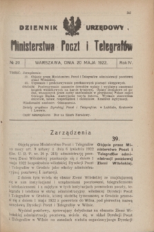 Dziennik Urzędowy Ministerstwa Poczt i Telegrafów. R.4, № 20 (20 maja 1922)