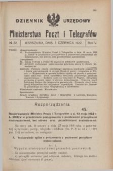 Dziennik Urzędowy Ministerstwa Poczt i Telegrafów. R.4, № 22 (3 czerwca 1922)