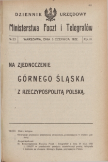 Dziennik Urzędowy Ministerstwa Poczt i Telegrafów. R.4, № 23 (6 czerwca 1922) + dod.